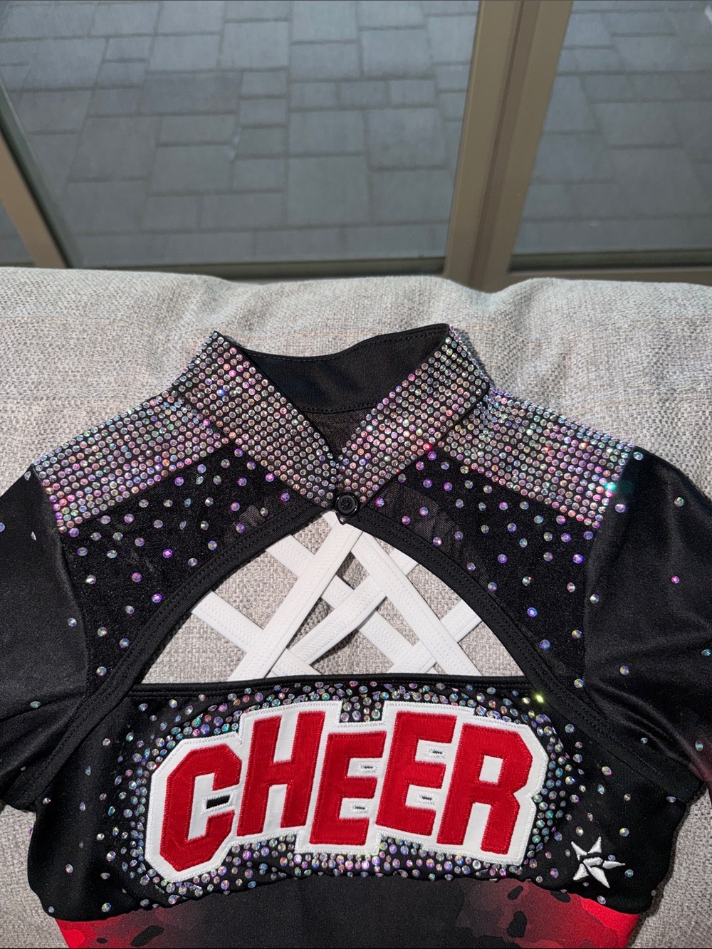 Girls Cheer Crop Top Hoodie with Rhinestone Detail - Black & Red - Picture 4 of 4
